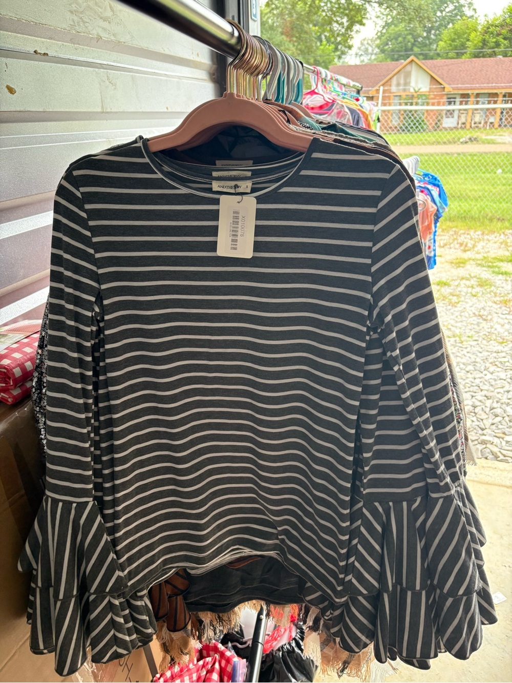 a new day Gray and White Striped Ruffle-Sleeve Long Sleeve Top
